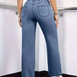 Calças Jeans Femininas de Corte Reto com Cintura Elástica e Cordão, Confortáveis e Casuais em Denim Stretch