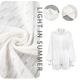 Casual solto feminino curto conjunto de duas peças terno moda blusa manga longa camisa senhora estilo simples shorts streetwear blusa topos
