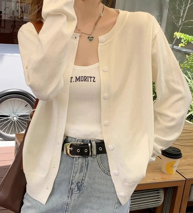 Cardigans e Suéteres Femininos 2026: Moda Coreana Casual, Quente, Primavera/Verão, Gola O, Manga Longa, Abotoamento Simples, Ajuste Slim, Tricôs e Blusas