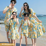 Conjunto de roupas de praia, Roupas Coreanas, Mãe e Filha Vestido Resort, Papai e Filho Tops e Shorts, 2 pcs