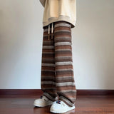 Calças de perna larga das mulheres dos homens outono inverno moda casual calças retas soltas esfregar calças harajuku vintage listrado preto/café