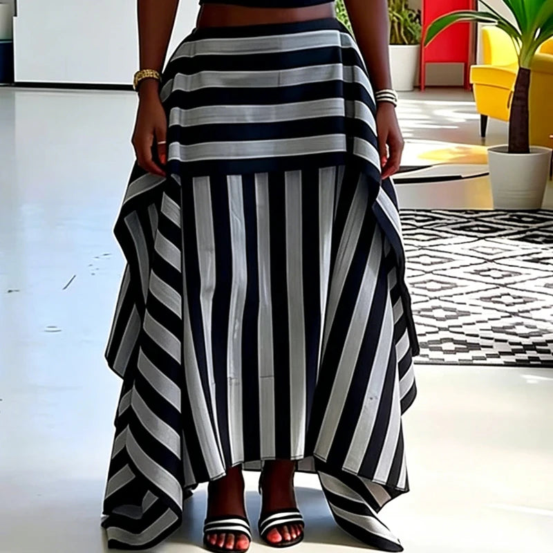 Conjuntos Casuais de Verão para Mulheres, Elegantes, com Recortes, Conjunto Vintage com Listras Azuis e Cores Contrastantes, Composto por Top e Saia