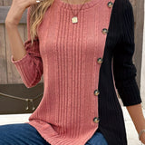 Camiseta com decoração de botão colorblock com nervuras, blusa casual de manga comprida para primavera e outono, roupas femininas