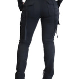 Calça de carga longa feminina, sexy slim fit, cordão casual, bolso com botões de emenda, calça reta, renda para cima, cintura elástica alta