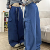 Calça japonesa de perna larga cargo, de cintura alta, solta, fina, reta, monocromática, feminina, de rua, básico, casual