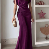 Casual o-pescoço drapeado vestidos vestido elegante altura cintura magro ajuste vestido de noite vestidos moda feminina temperamento sólido vestido longo