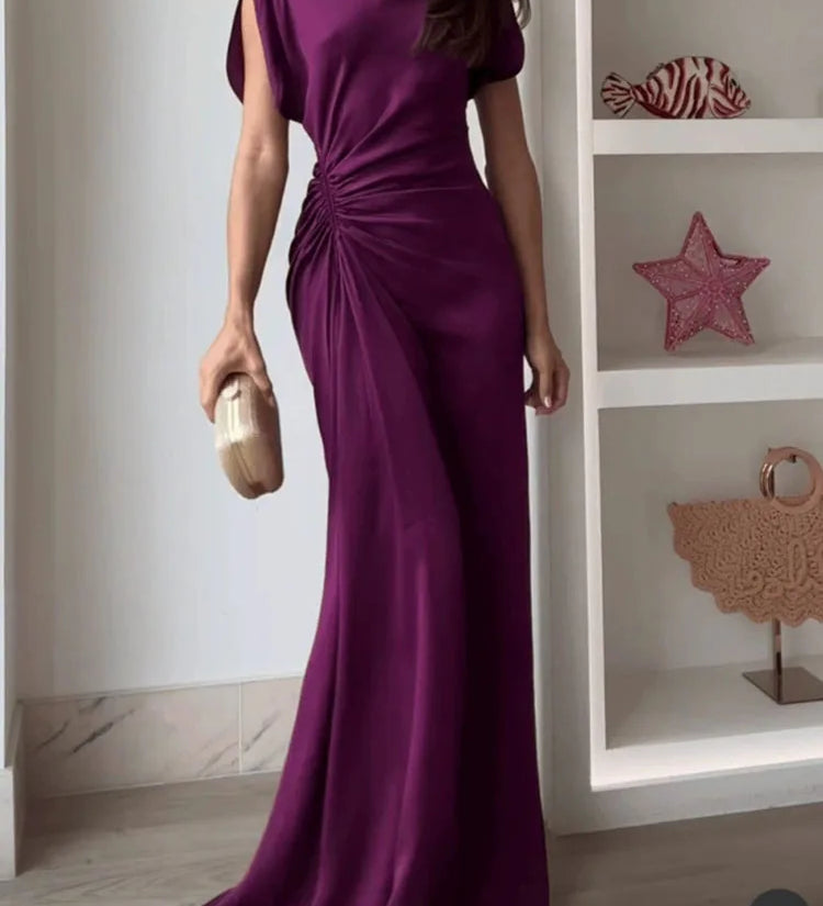Casual o-pescoço drapeado vestidos vestido elegante altura cintura magro ajuste vestido de noite vestidos moda feminina temperamento sólido vestido longo