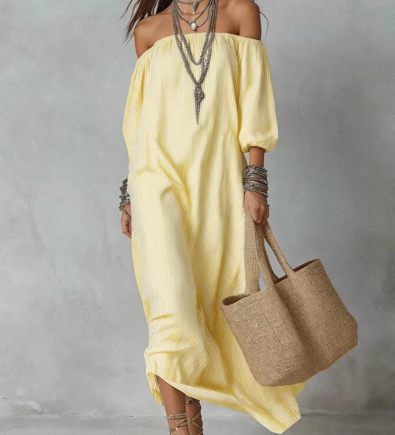 Vestidos Casuais Novos Primavera Verão Elegantes Listrados Ombro a Ombro Soltos para Férias Moda Feminina Vestido para Escritório e Festas