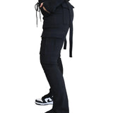 Calça de carga longa feminina, sexy slim fit, cordão casual, bolso com botões de emenda, calça reta, renda para cima, cintura elástica alta
