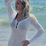 Vestido curto casual de férias, malha vazada de manga comprida para praia, estilo liso justo, moda primavera e outono