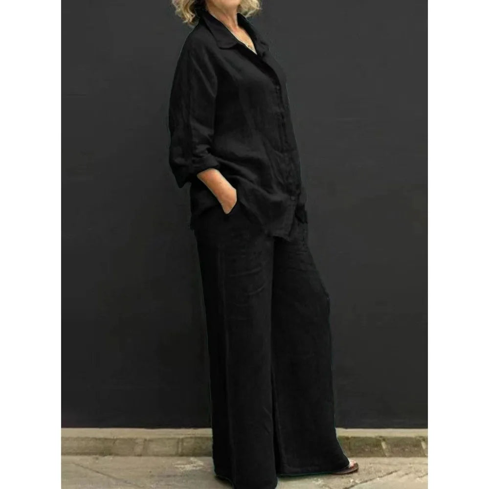 Conjunto de camisa casual feminina – roupa de escritório moderna de duas peças, blusa elegante e conjunto de calças para trabalho e uso diário