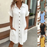 Vestidos Casuais Femininos, Vestido de Cor Sólida, Pullover de Comprimento Médio, Vestido Solto de Manga Curta, Roupas Femininas de Verão