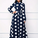 Elegante vestido longo com nó arco para mulheres, veste feminina, bolinhas para senhora, vestidos maxi casuais, manga