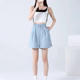 Shorts Casuais Femininos de Perna Larga para o Verão, Finos, Modelo A-line, Calças de Moletom com Cordão, Macacão Curto Feminino da Moda