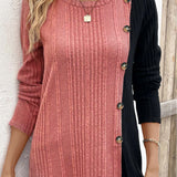 Camiseta com decoração de botão colorblock com nervuras, blusa casual de manga comprida para primavera e outono, roupas femininas