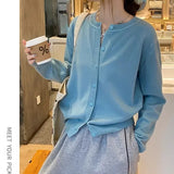 Cardigans e Suéteres Femininos 2026: Moda Coreana Casual, Quente, Primavera/Verão, Gola O, Manga Longa, Abotoamento Simples, Ajuste Slim, Tricôs e Blusas