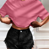 Camiseta Cropped Feminina de Malha Canelada Oversized com Ombro Caído e Manga Curta, Cor Sólida, Casual, Streetwear, para Festas de Verão e Uso Diário