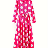 Elegante vestido longo com nó arco para mulheres, veste feminina, bolinhas para senhora, vestidos maxi casuais, manga