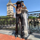 Calça alarde de couro PU preta feminina, calça de cintura alta, sexy, vintage, Harajuku, elástica, tamanho único, roupa elegante, venda G