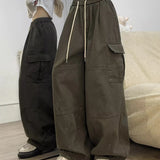 Calça japonesa de perna larga cargo, de cintura alta, solta, fina, reta, monocromática, feminina, de rua, básico, casual