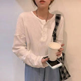 Camisetas femininas de manga comprida, tops de algodão minimalistas, ajuste relaxado, tecido elástico de grandes dimensões, confortável, macio, diário, outono retrô