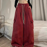 Calça japonesa de perna larga cargo, de cintura alta, solta, fina, reta, monocromática, feminina, de rua, básico, casual