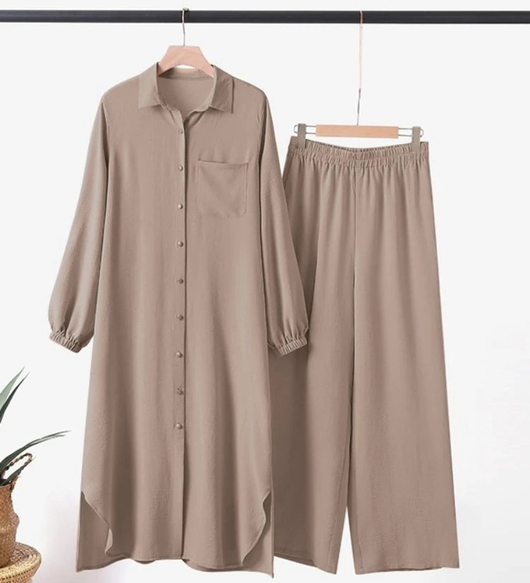 Vestido muçulmano casual para mulheres, camisa de manga comprida e roupas de bebê, vestidos abotoados, árabe saudita, Dubai, outono, conjunto de 2 peças, 2023