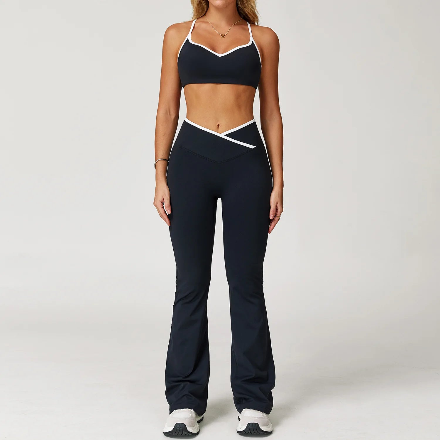Conjunto de yoga 2 peças roupas de treino feminino agasalho roupas de ginástica cintura alta bell-bottoms sexy fitness bta terno esportivo