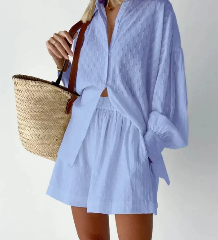 Casual solto feminino curto conjunto de duas peças terno moda blusa manga longa camisa senhora estilo simples shorts streetwear blusa topos