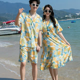 Conjunto de roupas de praia, Roupas Coreanas, Mãe e Filha Vestido Resort, Papai e Filho Tops e Shorts, 2 pcs