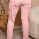 Calça de carga longa feminina, sexy slim fit, cordão casual, bolso com botões de emenda, calça reta, renda para cima, cintura elástica alta