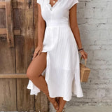 Vestido casual de renda branca para mulheres, moda manga curta, decote em v, cintura alta, vestidos soltos, elegante, festa de férias, verão