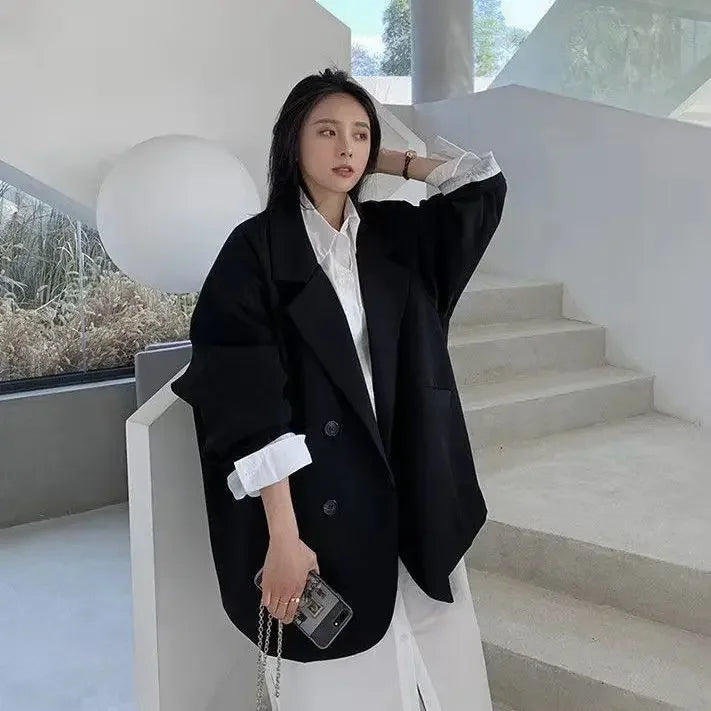 Blazer monocromático minimalista feminino, outwear solto, elegante, retrô, moda oficial, rua principal, feminino, todos os fósforos, confortável, primavera