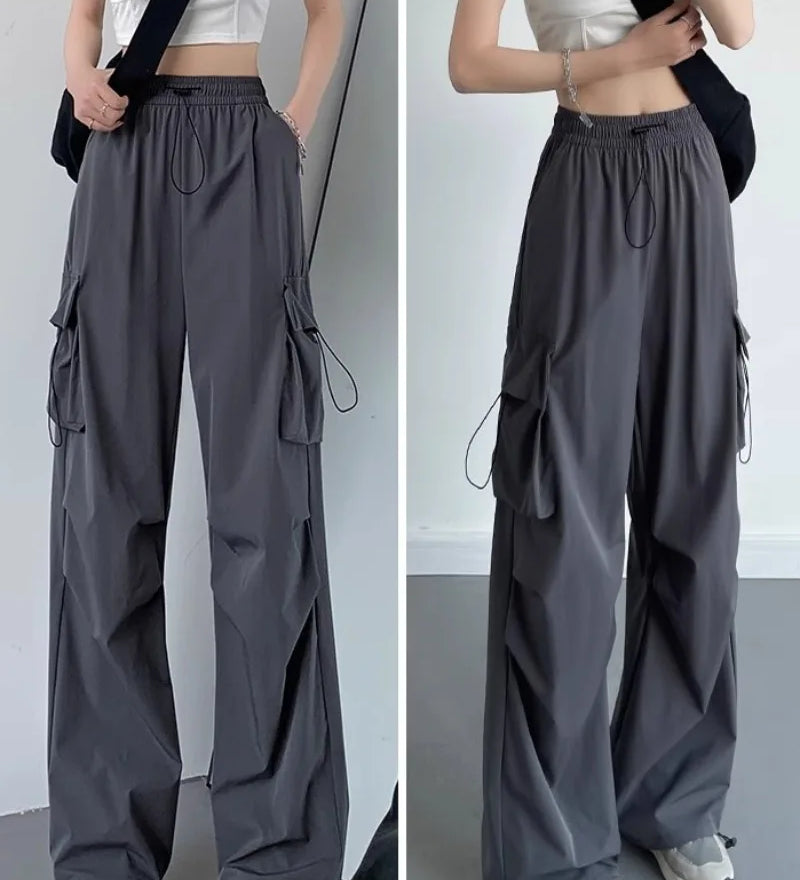 Calça de carga feminina calças de perna larga verão outono moda feminina cintura alta streetwear solto calças casuais calças retas