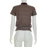 Camisetas Casuais com Estampa Listrada para Mulheres, Moda de Verão, Camiseta de Manga Curta com Gola, Look de Streetwear Feminino para Férias na Praia