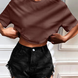 Camiseta Cropped Feminina de Malha Canelada Oversized com Ombro Caído e Manga Curta, Cor Sólida, Casual, Streetwear, para Festas de Verão e Uso Diário