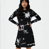 Vestidos Casuais Femininos: Vestido Feminino Elegante Estampado com Gola Redonda e Manga Longa para Primavera/Outono com Fenda
