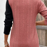 Camiseta com decoração de botão colorblock com nervuras, blusa casual de manga comprida para primavera e outono, roupas femininas
