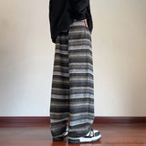 Calças de perna larga das mulheres dos homens outono inverno moda casual calças retas soltas esfregar calças harajuku vintage listrado preto/café