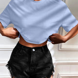 Camiseta Cropped Feminina de Malha Canelada Oversized com Ombro Caído e Manga Curta, Cor Sólida, Casual, Streetwear, para Festas de Verão e Uso Diário