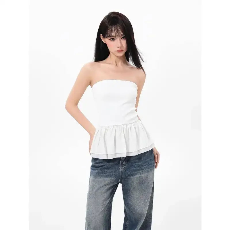 Top Tubo Canelado Feminino com Bainha Franzida Sem Alças Ajuste Justo Casual para o Verão