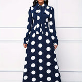Elegante vestido longo com nó arco para mulheres, veste feminina, bolinhas para senhora, vestidos maxi casuais, manga