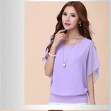 Blusas de chiffon femininas casuais manga curta batwing o pescoço moda coreana viajando elegante senhoras respirável macio elegante verão