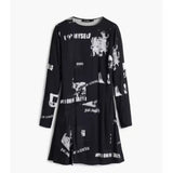Vestidos Casuais Femininos: Vestido Feminino Elegante Estampado com Gola Redonda e Manga Longa para Primavera/Outono com Fenda