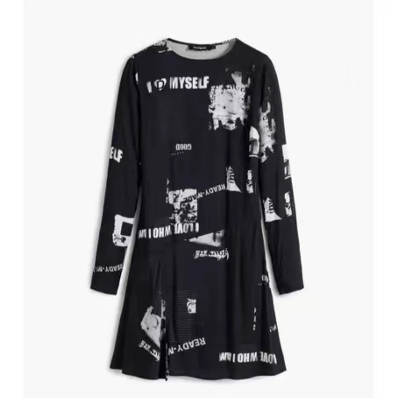 Vestidos Casuais Femininos: Vestido Feminino Elegante Estampado com Gola Redonda e Manga Longa para Primavera/Outono com Fenda