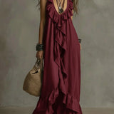 Vestido Casual Solto de Verão e Primavera, Cor Sólida, Elegante, Estilo Boêmio, Com Babados, Cintura Solta, Sem Mangas, Decote em V, Vestidos Longos