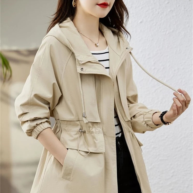 Trench coat feminino 2025 nova primavera outono roupas com capuz blusão jaqueta feminina outerwear topos fino coringa casual estudante casacos