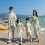 Conjunto de roupas de praia, Roupas Coreanas, Mãe e Filha Vestido Resort, Papai e Filho Tops e Shorts, 2 pcs
