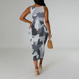 Vestido casual feminino estampado alça de ombro vestido justo vestido sem mangas vestido de festa