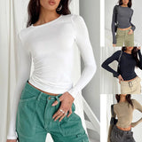 Camisetas casuais de manga comprida femininas, streetwear feminino, camiseta de base, pulôveres, tops slim fit, monocromáticas, primavera, outono